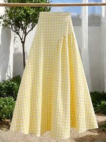 GlowEve 女士浅黄色泡泡纹理面料高档褶裥喇叭裙，休闲度假风，适合情人节、复活节、劳动节、生日、约会、派对、海滩、旅行、春夏等场合。 - 淡黃色 - 查看 2