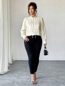 Elenzga Áo cánh tay bồng họa tiết hoa jacquard cổ vuông bằng vải voan chắp vá cỡ lớn cho nữ, thiết kế nút tua rua, phong cách tối giản, thích hợp mặc trong dịp năm mới và mặc hàng ngày - Màu be - Xem 6