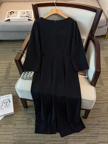 GlowEve CURVE Plus Size Women's Elegant Square Neck Lace Trim Metal Button Long Sleeve Bodycon A-Line Maxi Dress,Black Autumn Dinner Formal Gown Party Dress - Black - View 2