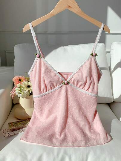 Comfortcana 2026 New Arrival Spring/Summer Women's Y2K 3D Floral Decor Ruffle Camisole Summer Outfits Summer Top Spring Outfit Women Easter  Beach Outfits For Women Going Out Tops Elegant Women's Blouses Vacation Outfits Women Beach Vacation Outfits For Women  Casual Blouses For Women Pink Top