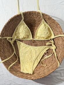SHEIN Swim Mod 2026 Spring/Summer Yellow Floral Special Fabric Spaghetti Strap Halter Backless Drawstring Side Solid Color Women Bikini Set Set, Suitable For Beach Photography, Sweet Vacation Butter Yellow Two Piece Set Butter Yellow Bikini Yellow Bathing Suit Set Lemon Bathing Suit Textured Bikini - Yellow - View 3