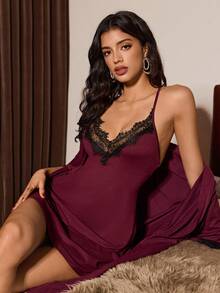 SHEIN 2pcs Women Sexy Backless Lace Trim Nightgown And Robe Set - Purple - View 5