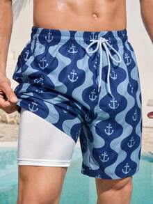 Manfinity RSRT Men's Contrast Color Geometric Floral Swim Trunks Aqua Blue,Summer,Tropical,Beach,Vacation,Holiday Elastic Waist Drawstring Loose Beach Shorts - Navy Blue - View 6