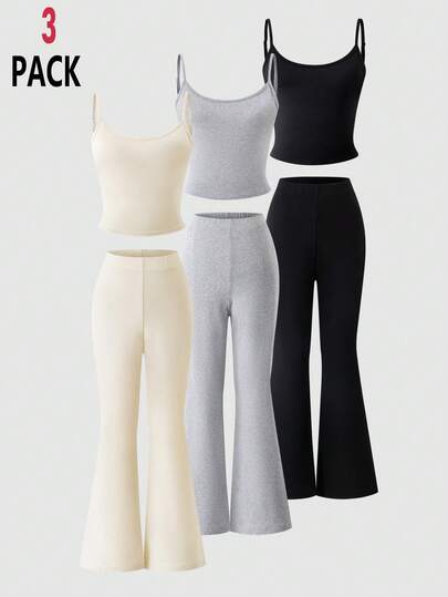 3pcs/Set Tween Girls All-Match Casual Camisole Top And Flare Pants Knit Solid Color Outfit, Suitable For Spring/Summer Daily/Sports Wear