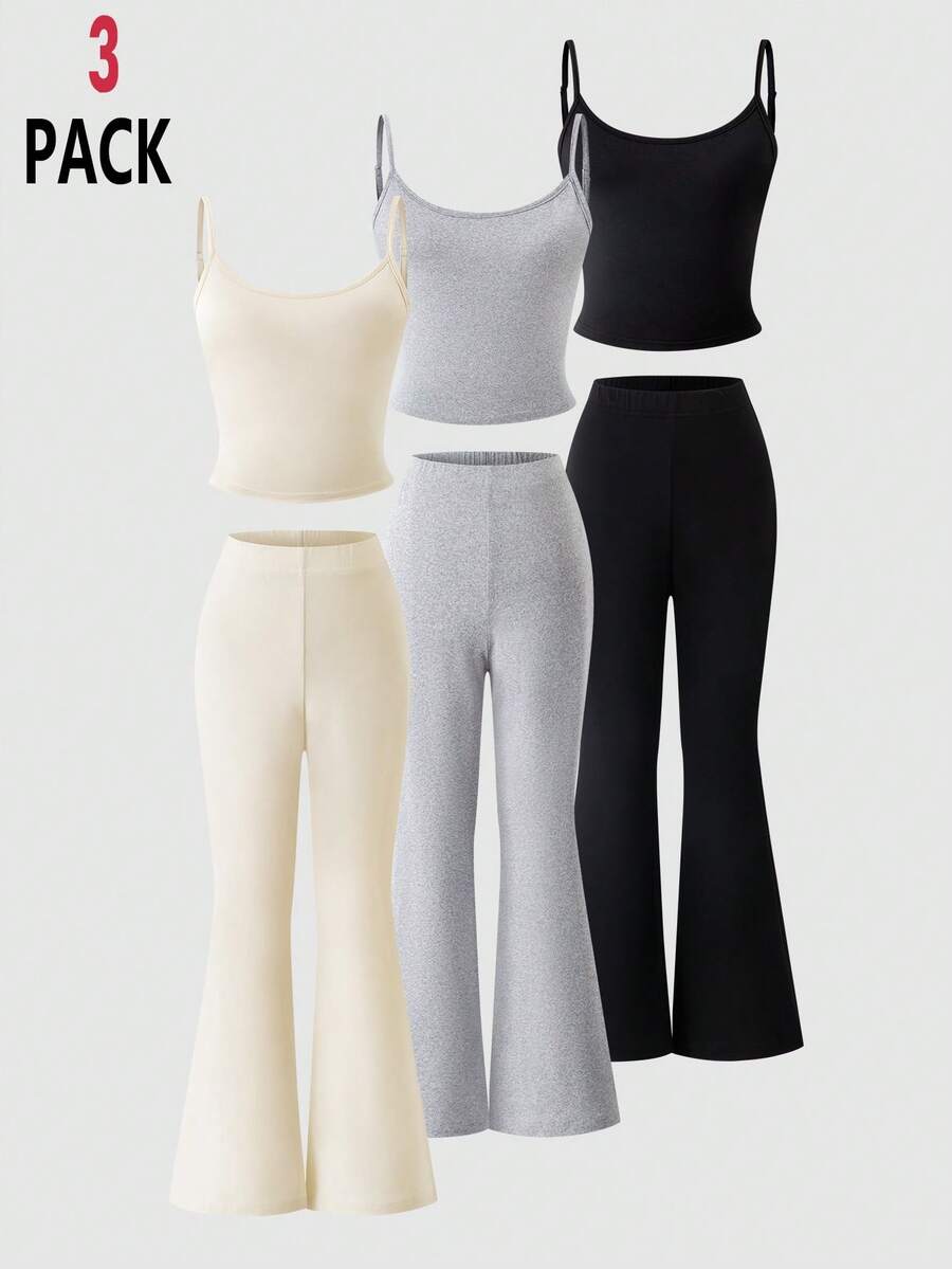 3pcs/Set Tween Girls All-Match Casual Camisole Top And Flare Pants Knit Solid Color Outfit, Suitable For Spring/Summer Daily/Sports Wear - Multicolor - View 1