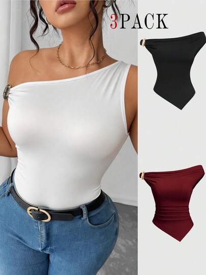 Elenzga Plus Size Women's Summer European And American Fashion Solid Color 3-Piece Set, Metal Decor Twist Hem Asymmetric Hem Fitted Casual Commuter Versatile T-Shirt