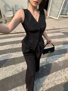DAZY 春夏亮片黑色背心开衫搭配直筒休闲裤套装，优雅迷人，适合情人节、婚礼、派对、正式场合，时尚修身，适合办公室穿着，女士两件套。 - 黑色 - 查看 9