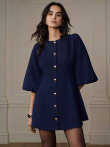 Aveloria Rosie Fashionable Design Sense High-End Elegant Versatile Lantern Sleeve Herringbone Knit Dress - Blue - View 7