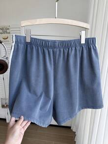 Comfortcana 复古水洗蓝色针织阔腿休闲短裤，百搭大码，春夏款 - 藍色 - 查看 2