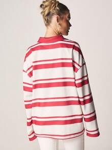 MISSGUIDED 宽松条纹橄榄球Polo衫，长袖，纽扣前襟，翻领，休闲秋冬宽松版型，适合叠穿。 - 彩色 - 查看 2