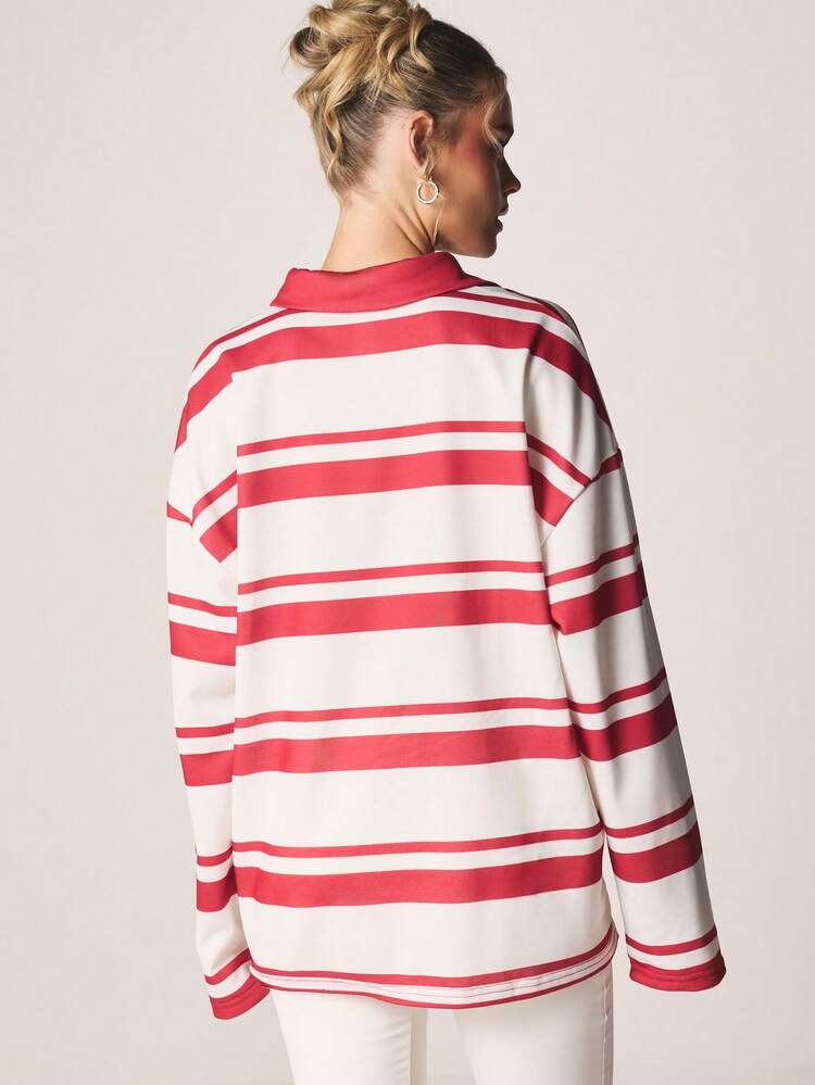 MISSGUIDED Oversized Striped Rugby Polo Shirt Long Sleeve Button Front Collared Top Casual Fall Winter Relaxed Fit Layering Piece
