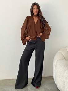 Aloruh 女士优雅通勤雪纺深V领系带长袖衬衫 - 棕色 - 查看 3