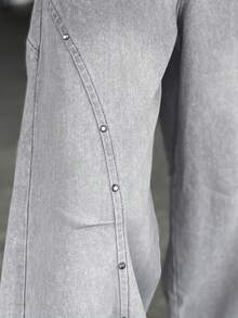 Ngobest Haus 1 件正义兄弟休闲男士宽松破洞牛仔阔腿牛仔裤，日式风格，百搭 - 灰色 - 查看 3