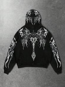 ROMWE MEN Street Life 男士万圣节暗黑金属朋克风街头宽松骷髅十字架印花连帽卫衣 - 黑色 - 查看 1