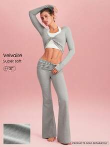 GLOWMODE 31" Softy Velvaire Dare To Flare Super Soft Pleated Foldable Waistband Flare Leggings Yoga Pilates Studio Daily Wear - Grey - View 2