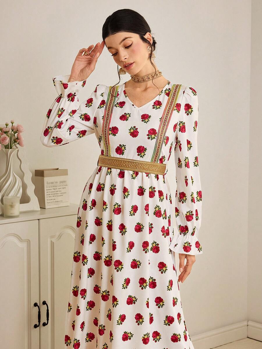 Al Najma Women's Elegant Floral Print V-Neck Arabic Style Dress - White - View 1