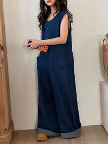 DAZY Tween Girl Button Half Placket Pocket Wide Leg Casual Denim Jumpsuit - Blue - View 2