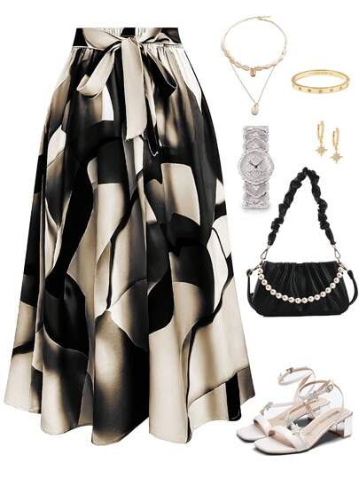 Franclia Falda larga con estampado todo sobre todo, con nudo delantero, talla grande, para uso casual diario, elegante para mujeres, para cena de mujeres, Havana Nights