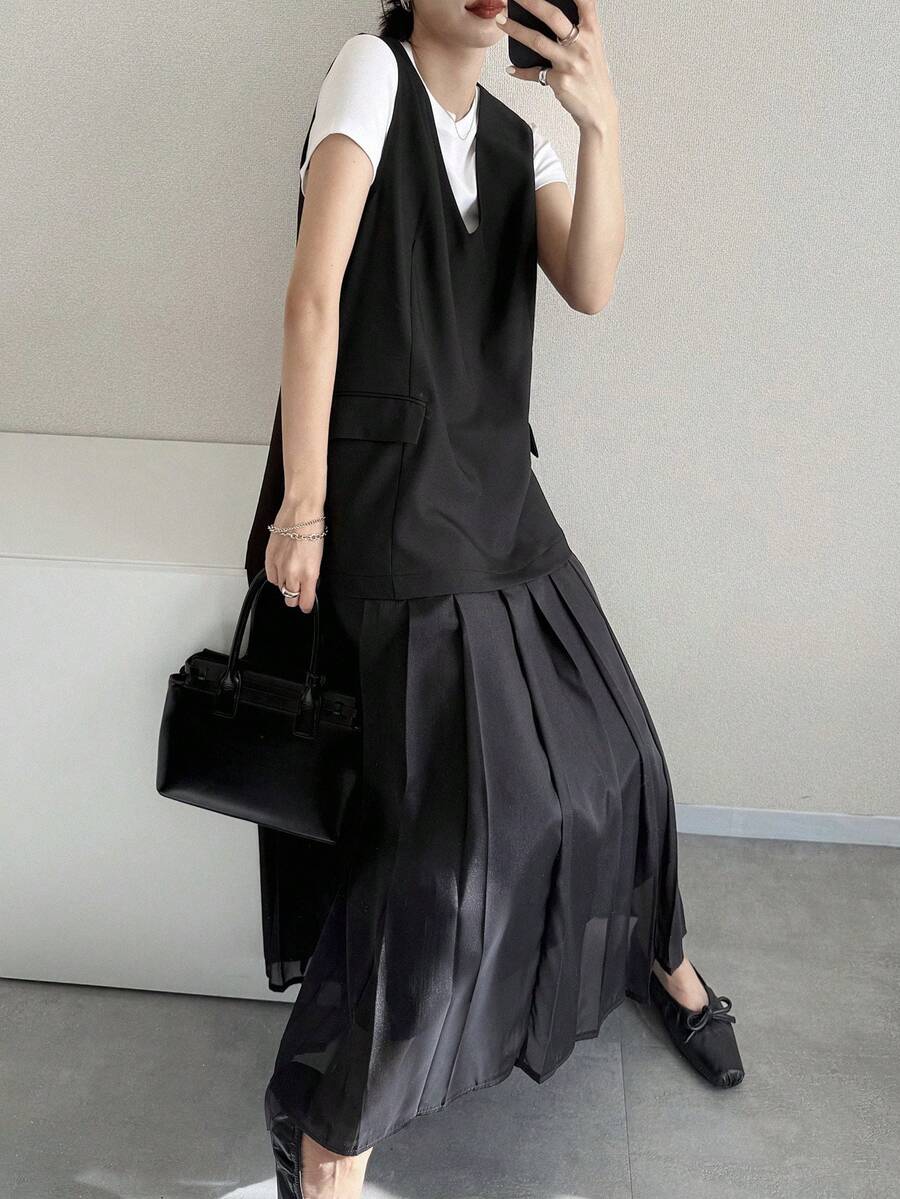 FRIFUL Women's Summer/Spring Solid Color Pleated Flared Loose Casual Dress Sundress - Black - View 1