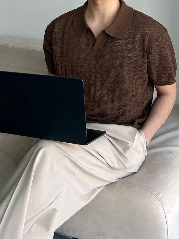 Men's Solid Brown Short Sleeve Knit Top, Summer