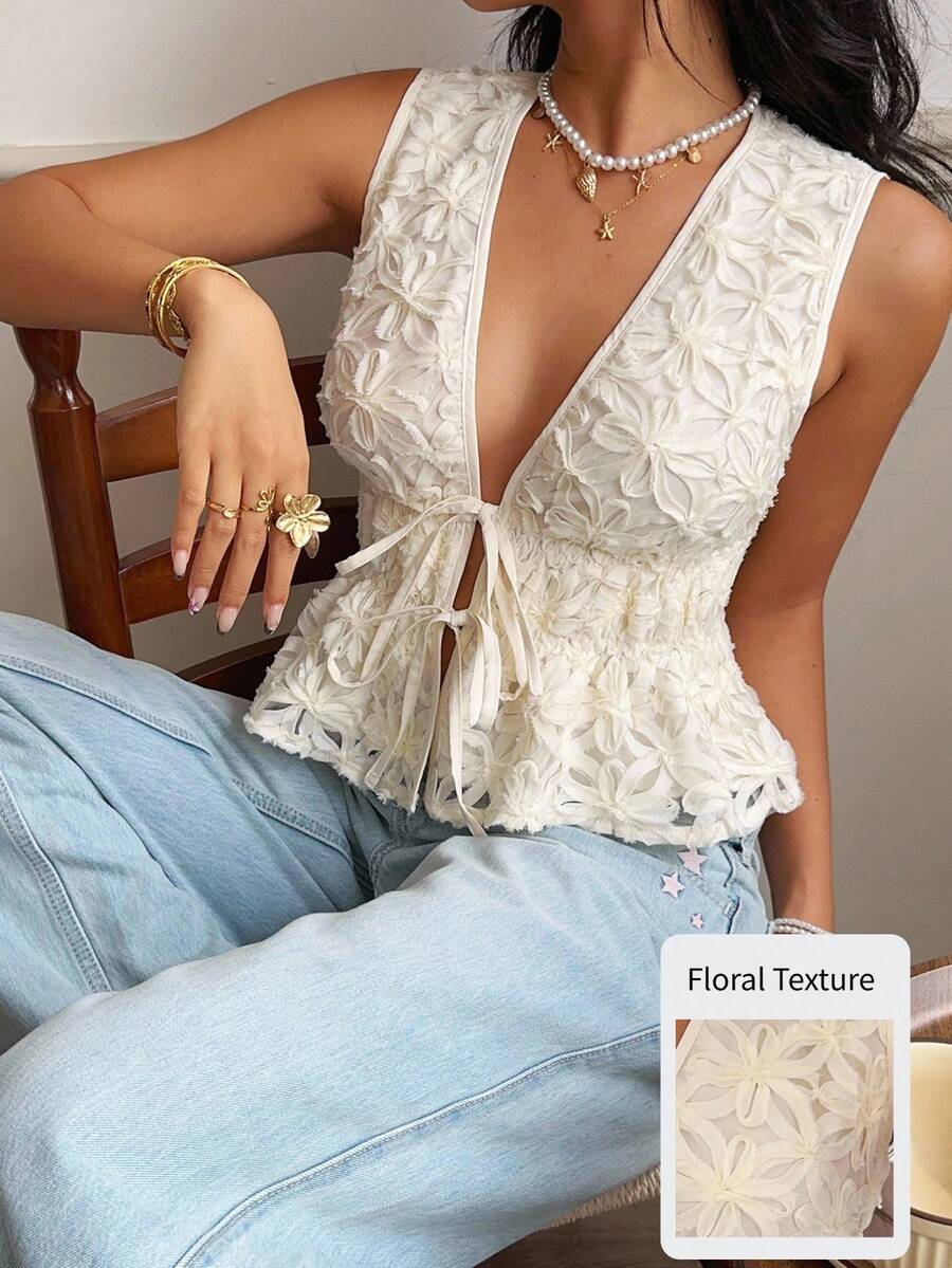 Serisse 女式提花深V领系腰荷叶边下摆性感时尚衬衫 - 杏色 - 查看 1