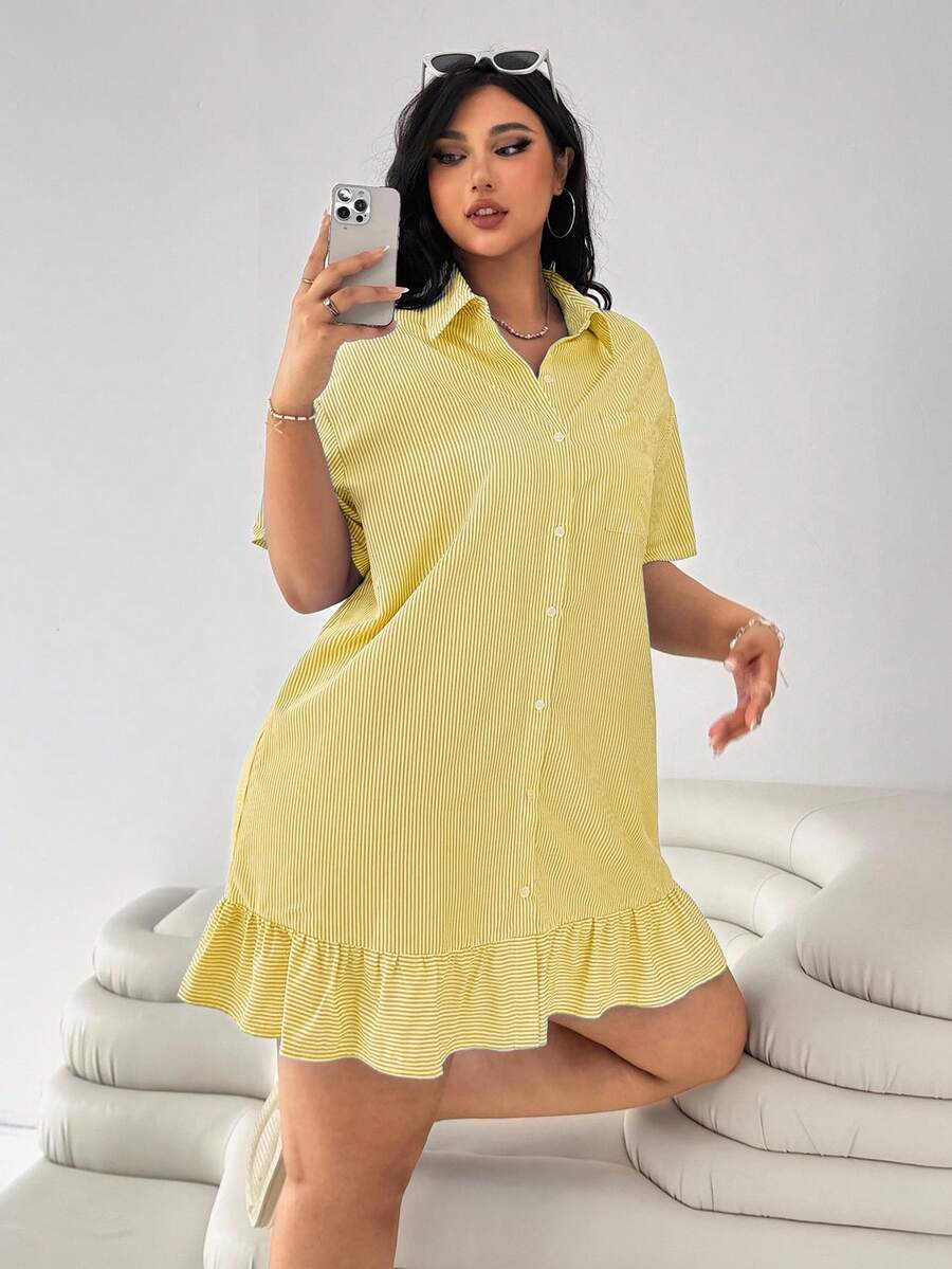 SHEIN EZwear Plus Size Navy Blue & White Striped Short Sleeve Ruffle Hem Splice Loose Casual Dress For Women,Summer Smart Casual Vacation Outing Spring Clothing - Light Yellow - View 1