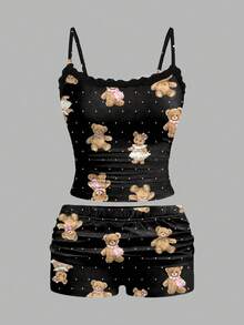 SHEIN Essnce Set 2 Potong Atasan Camisole Renda dan Celana Pendek Lipit untuk Wanita, Cocok untuk Musim Panas - Hitam - View 3