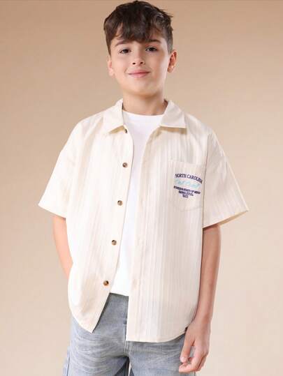 SUMWON 男童宽松纽扣衬衫，北卡罗来纳州印花，休闲短袖翻领上衣，夏季度假风