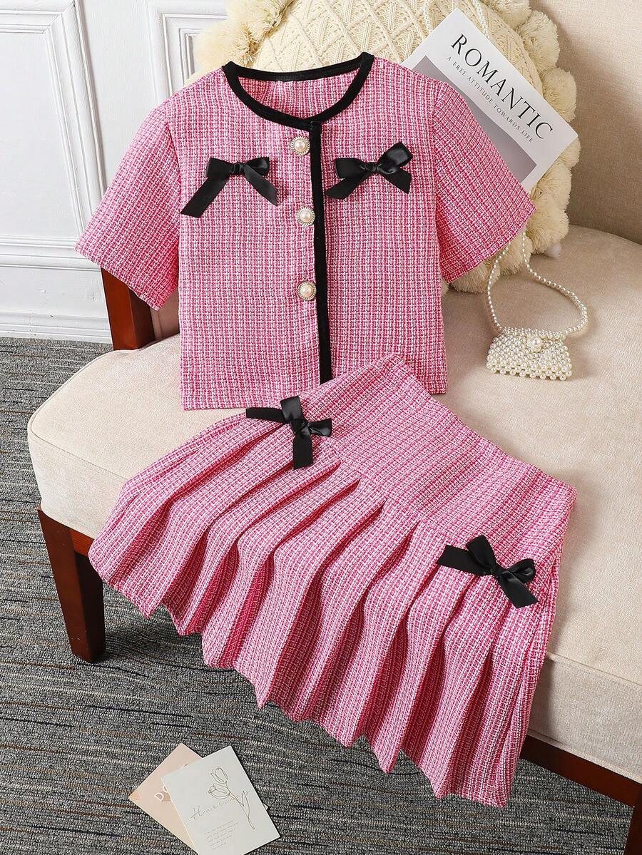 Tween Girls Casual Bowknot Plaid Print Short Sleeve Top And Pleated Skirt 2 Pieces Set - Hot Pink - View 1