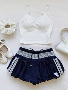 Comfortcana Hàng mới về mùa xuân/hè 2026, quần short nữ thời trang phối ren, kiểu dáng thập niên 2000, thích hợp mặc đi biển, đi nghỉ mát. - Màu xanh hải quân - Xem 6