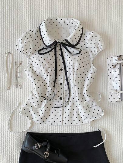Comfortcana 2026 New Arrival Spring/Summer Fashionable Women's Fashion Polka Dot Print Button Down Collar Blouse Summer Outfits For Women Summer Tops Valentine's Day Beach Outfit Going Out Tops Elegant Blouses For Ladies  Vacation Outfits Women Casual Blouses For Women Y2K Tops 2000s Style Polka Dot Tops White Top