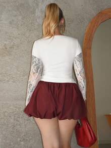 Arliah Knitted Lace Patchwork 2 In 1 Women Long Sleeve Top,See Through Top - White - View 2