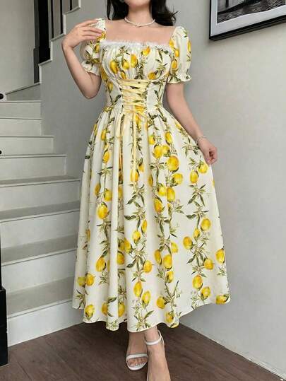 SHEIN Vestido largo con estampado floral, mangas de globo, cintura con lazo y encaje patchwork para mujer