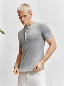 TOKVUE This One Is Nice! ! Men's Form-Fitting Button Half Placket Casual Daily Short Sleeve Henry Shirt,T-Shirt, Versatile Relaxed-Fit Trousers, Old Money Style, Spring To Summer, Summer Tops, Summer Outfits, Holiday Outfits, Vacation Outfits, - Grey - View 5