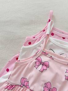 Little Girl Cute Bow Pattern Semi-Sheer Polyester Short Cami Dress With Flared Hem Design - Multicolor - View 6