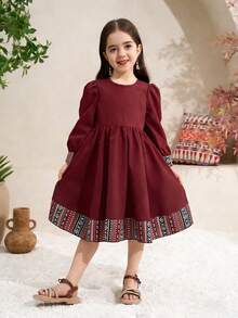Robe de vacances décontractée à imprimé géométrique pour jeune fille - Rouge foncé - Voir 4