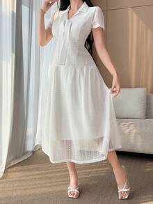 DAZY Lace Hollow Out Cinched Waist Elegant A-Line Dress For Women Dress Sundress - White - View 3
