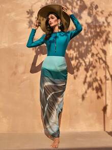 Swim Mulvari Swim Middle Eastern Elegant Modest Turquoise Teal Green Two-Pieces Swimsuit Set For Women, Long Sleeve Slimming Burkinis With Gradient Print Cover-Up Midi Skirt, Turquoise Front Zipper Rash Guard & High-Waisted Ombre Maxi Skirt, Smoky Abstract Print, Sun Protection, Quick-Drying Stretchy Fabric - Green - View 3