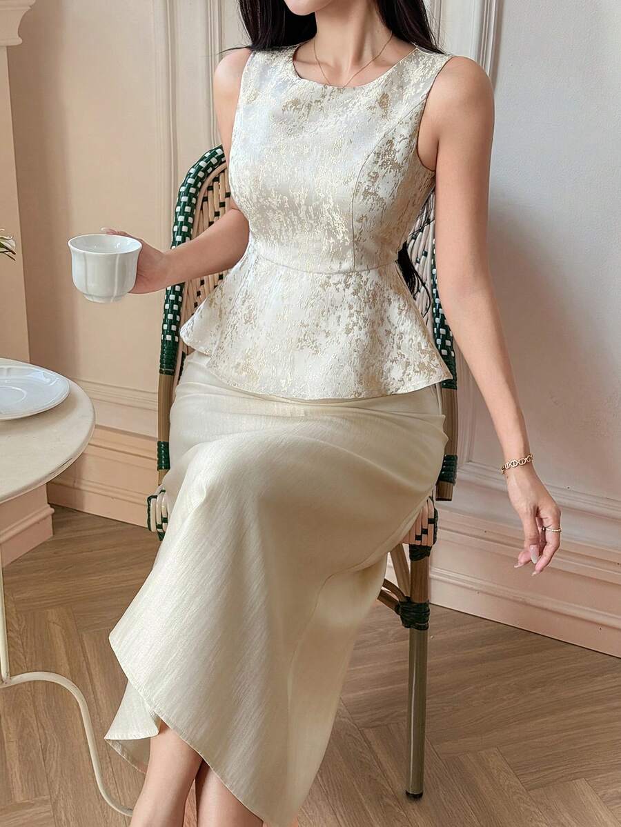 DAZY Women's Elegant Foil Print Round Neck Top And Skirt 2 Pieces Set, Summer - Beige - View 1