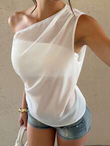 Bluhae Plus Size Women's Solid White Chiffon Asymmetric Shoulder Pleated Waist Tie Bow Blouse + Camisole Shirt, Casual Commuter Elegant Fashionable Versatile Retro Lazy Vacation New Spring/Summer - White - View 3