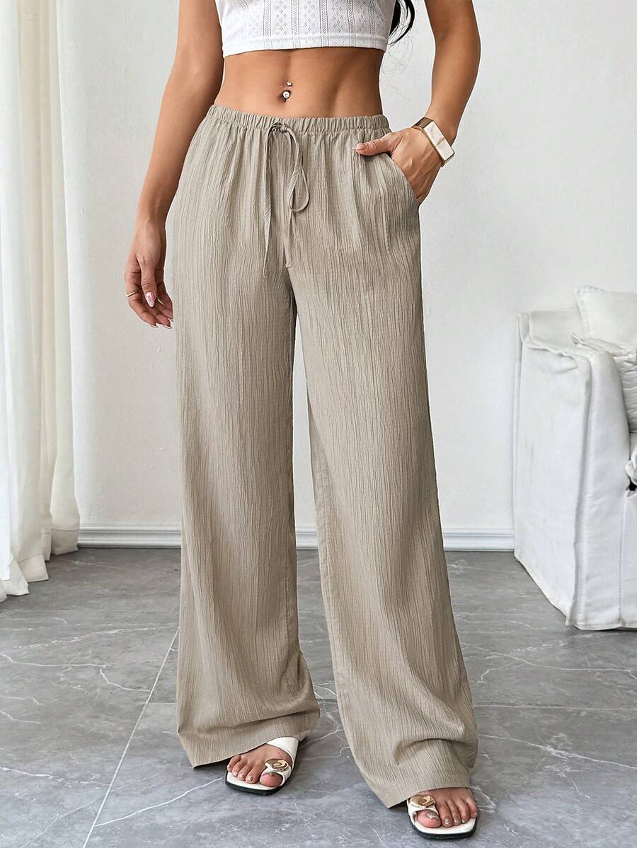 Flirla Petite Women's Solid Color Pocket Drawstring Loose Wide Leg Pants Fall Cloth For Women - Khaki - View 1
