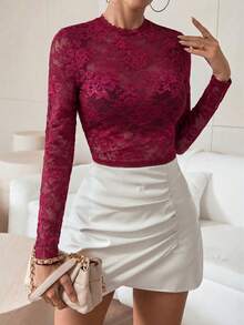 Firerie Women's Solid Color Stand Collar Raglan Sleeve Lace Fitted Cropped T-Shirt - Burgundy - View 6