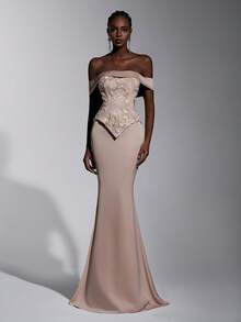 Elitara 优雅、迷人、时尚、色彩缤纷、亮片刺绣缎面滚边、露肩设计、落肩袖、二合一款式、带拖尾的美人鱼裙摆。适合婚礼宾客、各种正式场合、情人节和晚礼服。 - 卡其色 - 查看 2