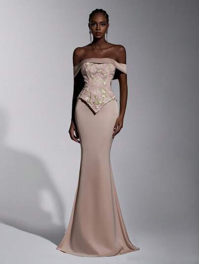 Elitara Elegant, Glamorous, Fashionable, Multi-Colored, Sequined Embroidered Satin Trim, Off-The-Shoulder Design, Dropped Shoulder Sleeves, 2 In 1 Style, Mermaid Skirt With Train. Suitable For Wedding Guests, All Formal Occasions, Valentine's Day, And Evening Gowns.