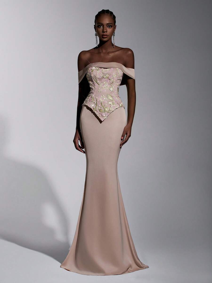 Elitara 优雅、迷人、时尚、色彩缤纷、亮片刺绣缎面滚边、露肩设计、落肩袖、二合一款式、带拖尾的美人鱼裙摆。适合婚礼宾客、各种正式场合、情人节和晚礼服。