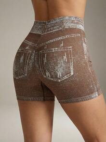 Anewsta Women's Denim Effect Print Tight Fit Athletic Shorts - Coffee Brown - View 7