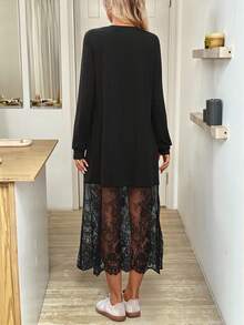 Easowa 女士休闲蕾丝拼接长袖中长连衣裙，适合派对、聚会、秋季穿着，黑色连衣裙，蕾丝连衣裙，黑色蕾丝连衣裙，女士黑色休闲连衣裙 - 黑色 - 查看 2
