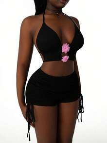 Amplova 2026 Textured Fabric Front & Mid-Low Bust, Backless Top With Pleated Waist Shorts, Women 2 Pieces Set - Black - View 3