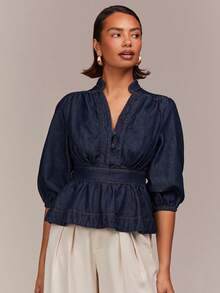 COSMINA Women's V-Neck Ruched Casual Versatile Date Everyday Denim Top - Dark Wash - View 5