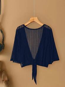 Linhara 大码女士优雅蕾丝网纱透视袖沙滩罩衫外套 - 藏蓝色 - 查看 2